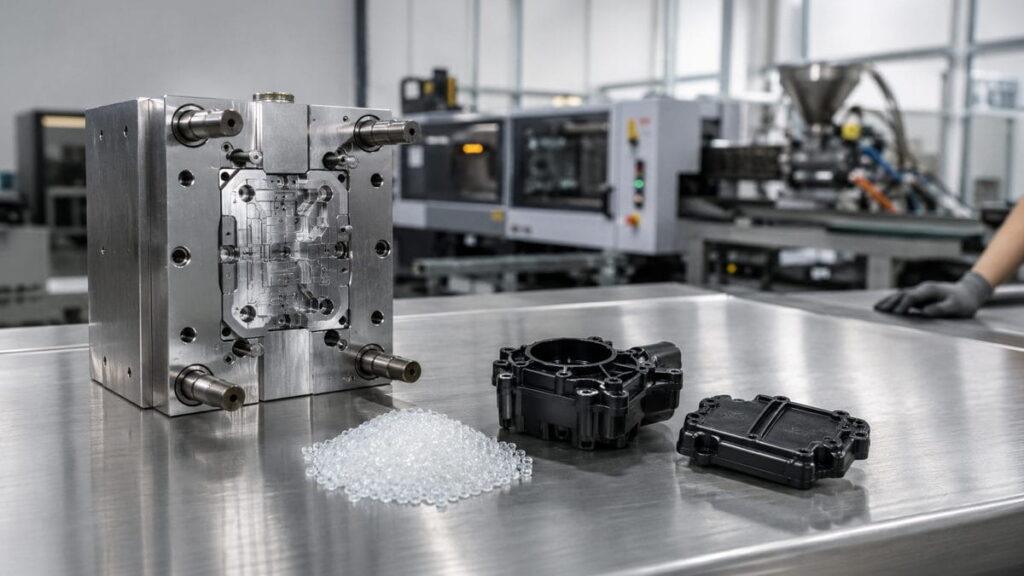 Injection mold tooling with plastic pellets and molded components on a stainless steel table in a smart manufacturing facility