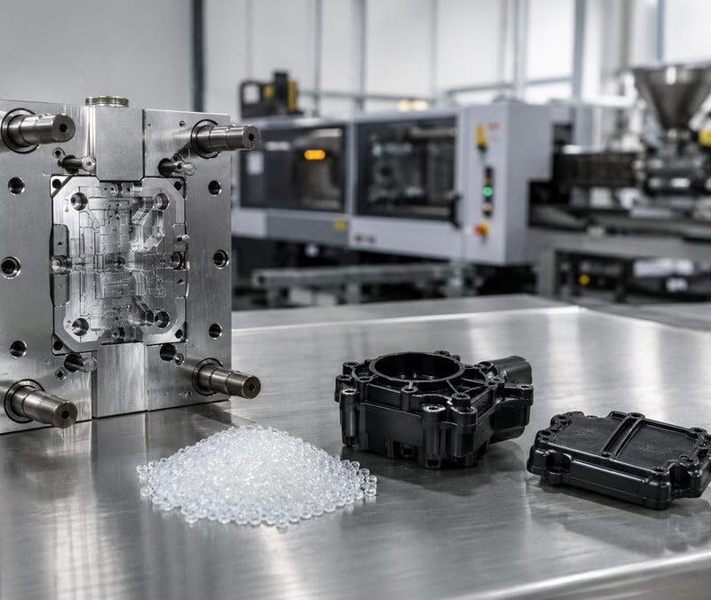 Injection mold tooling with plastic pellets and molded components on a stainless steel table in a smart manufacturing facility