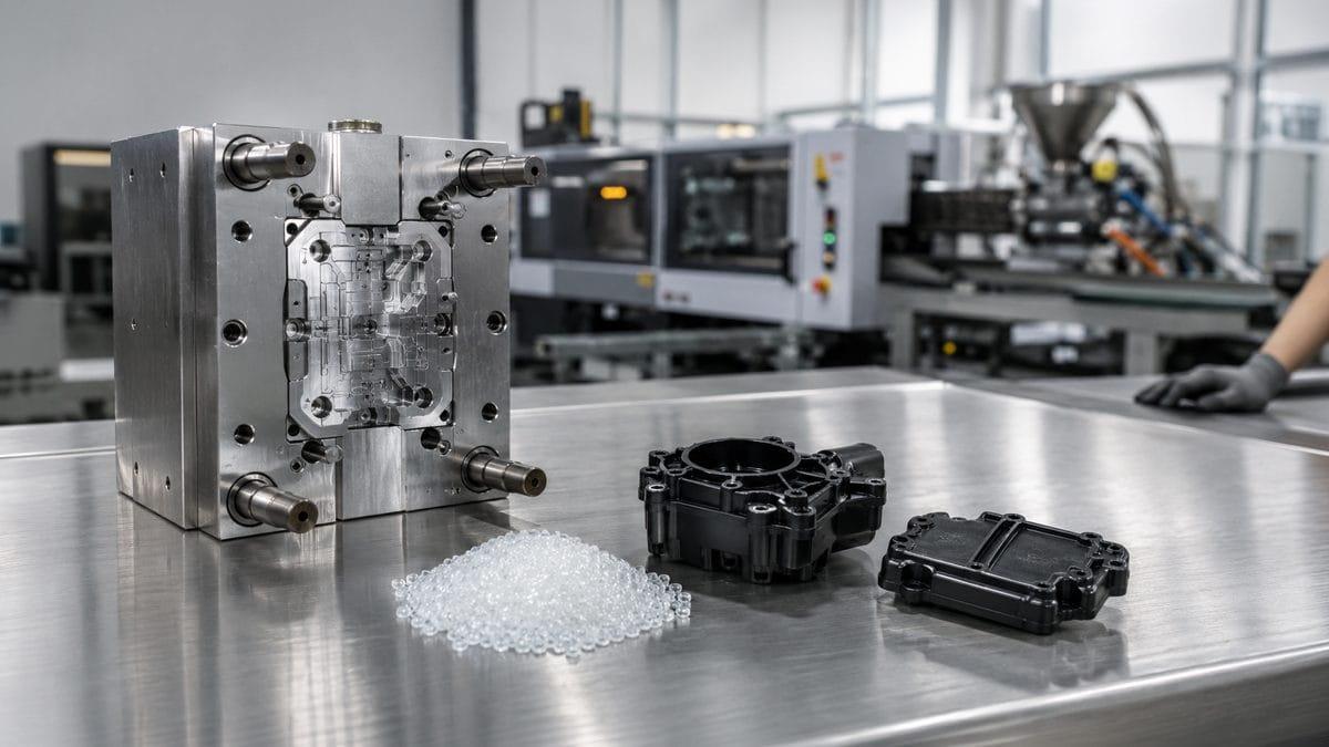 Injection mold tooling with plastic pellets and molded components on a stainless steel table in a smart manufacturing facility