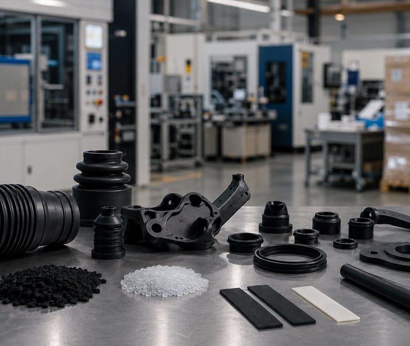 AM Solution automotive elastomer components including CV boots, gaskets, and seals made from TPEE and TPU materials, displayed with polymer pellets in a manufacturing facility