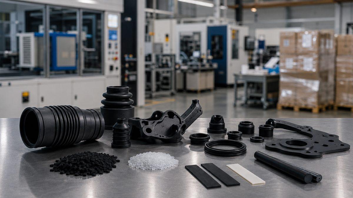 AM Solution automotive elastomer components including CV boots, gaskets, and seals made from TPEE and TPU materials, displayed with polymer pellets in a manufacturing facility