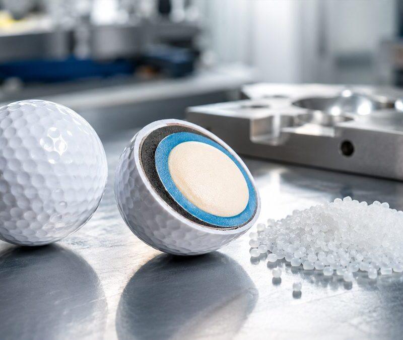 Cross-section of a multi-layer golf ball showing ionomer cover and core structure, with polymer pellets and injection mold in background