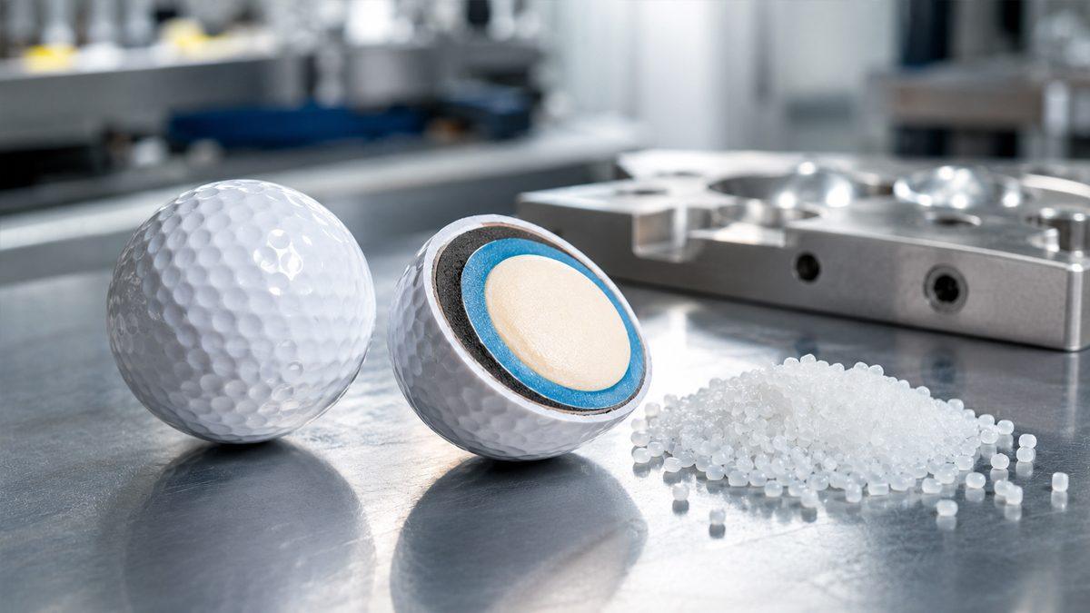 Cross-section of a multi-layer golf ball showing ionomer cover and core structure, with polymer pellets and injection mold in background