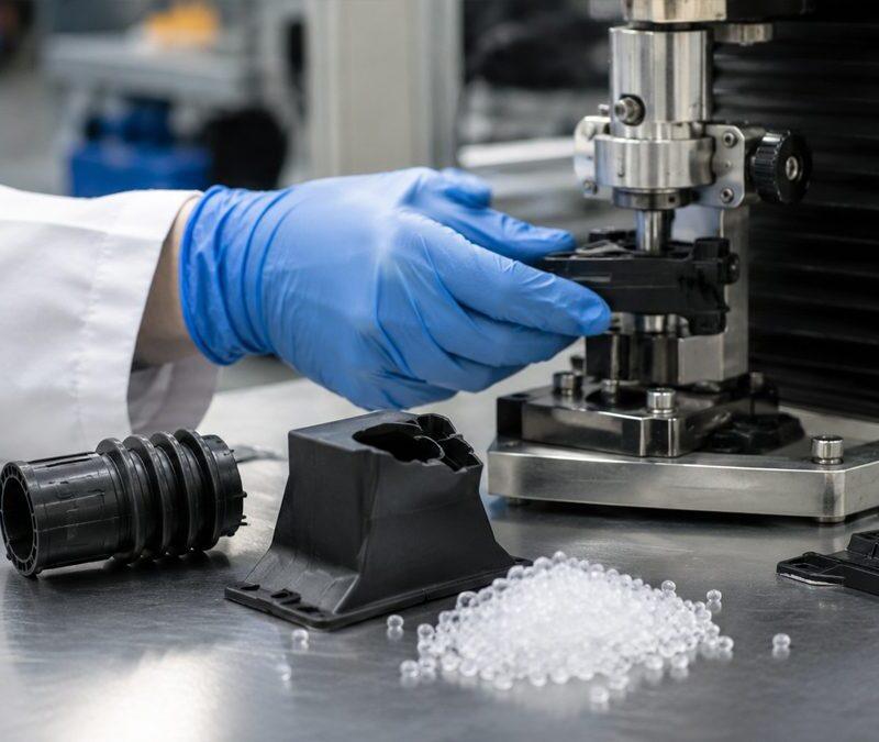 AM Solution researcher testing high-heat automotive TPEE elastomer components with compression equipment, alongside polymer pellets and molded parts in a laboratory