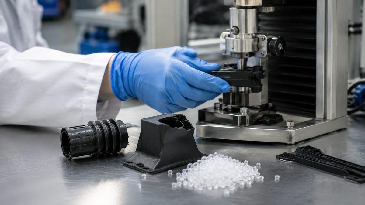AM Solution researcher testing high-heat automotive TPEE elastomer components with compression equipment, alongside polymer pellets and molded parts in a laboratory
